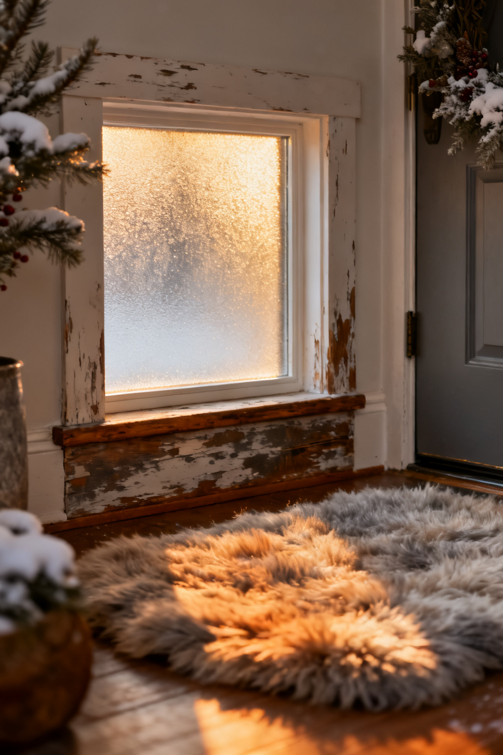 Frosted window film on a small entry sidelight softening winter daylight