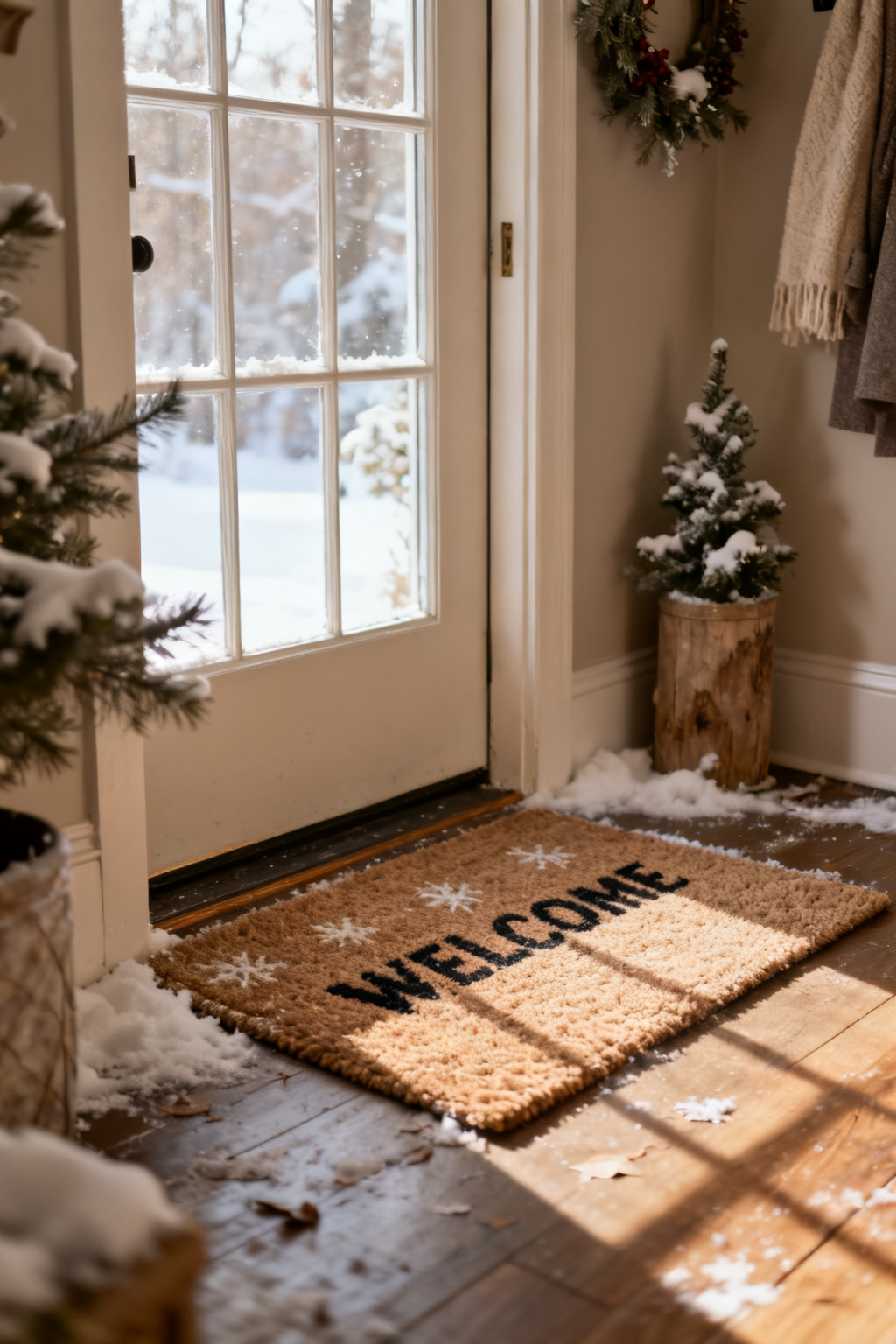 Simple winter welcome doormat inside a small cozy entryway