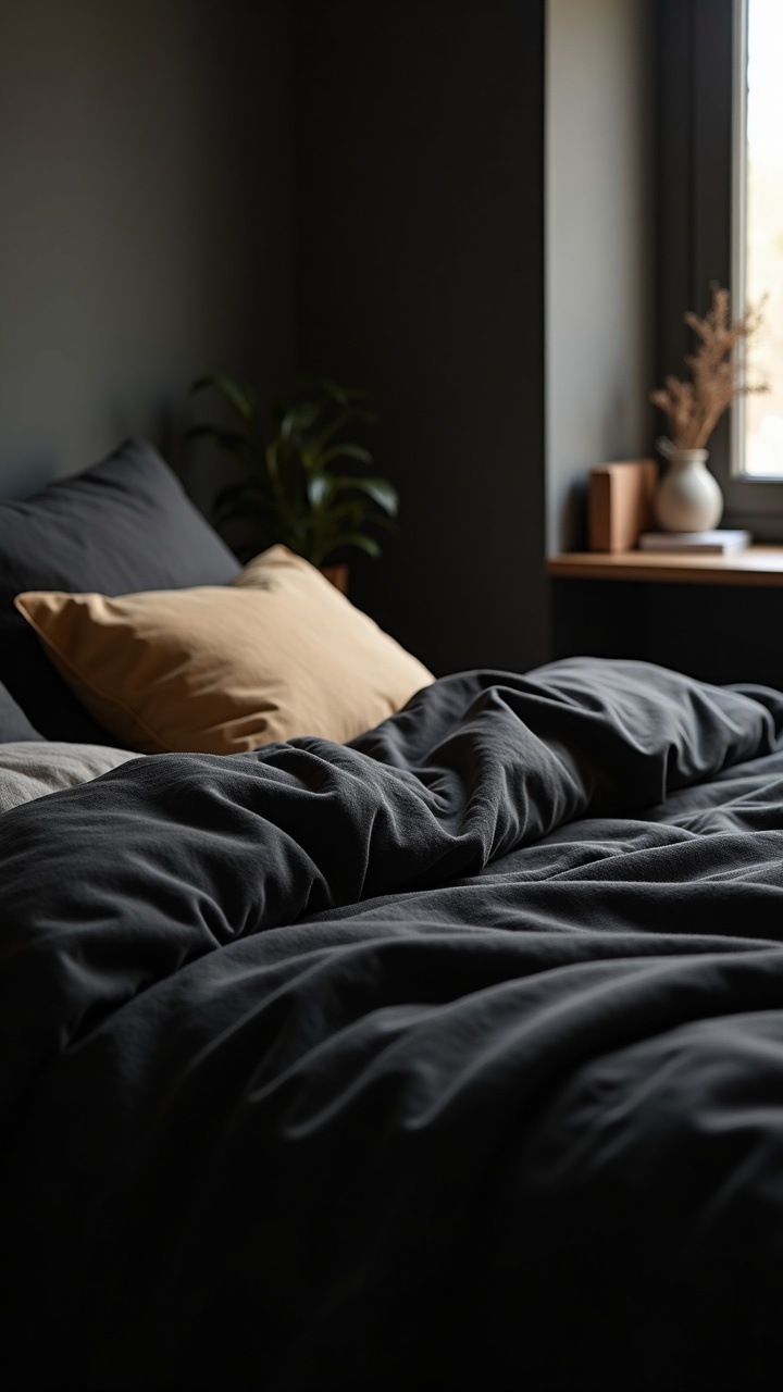 Black linen duvet with charcoal and oatmeal layered pillows on a cozy bed