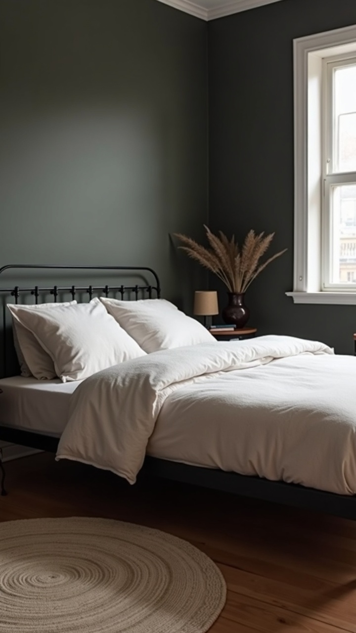 Slim black metal bed frame with clean lines and neutral linen bedding