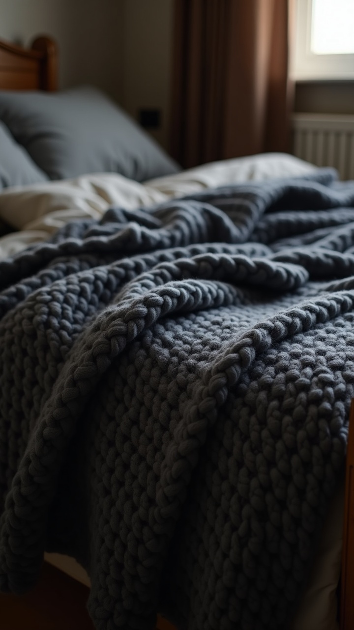 Chunky charcoal knit throw blanket draped over the corner of a bed