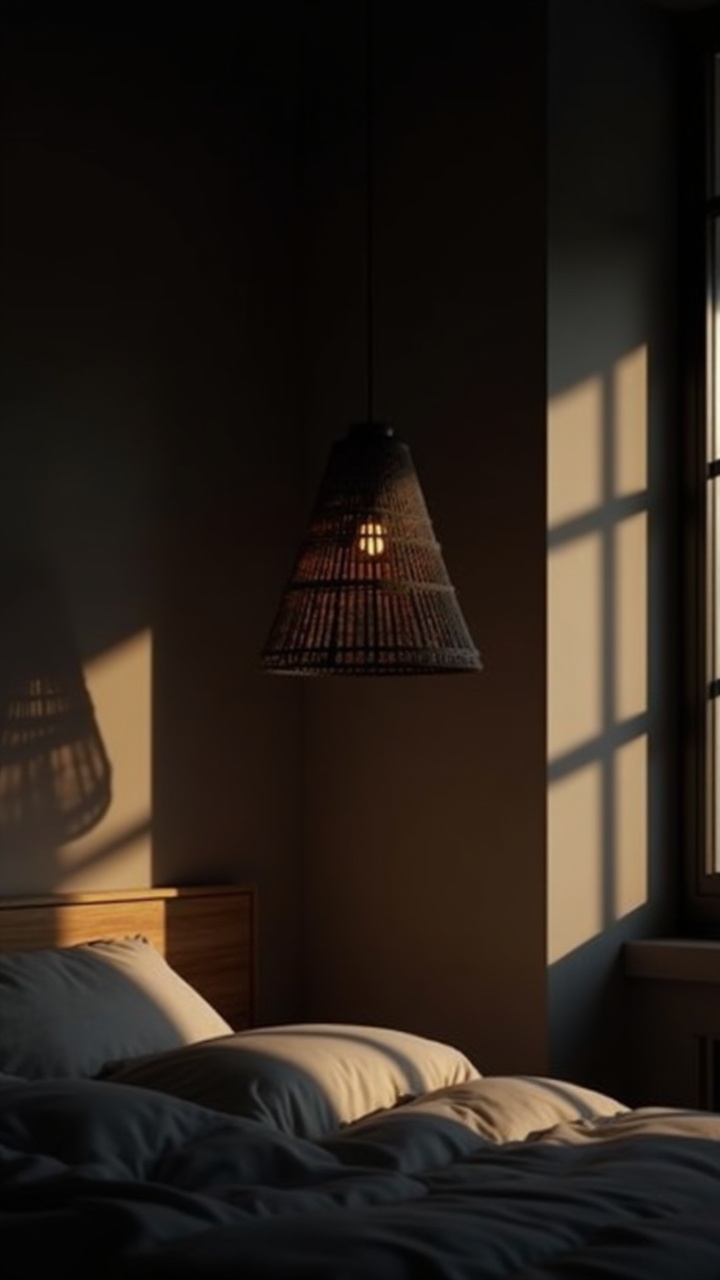 Black rattan woven pendant lamp casting warm patterned shadow
