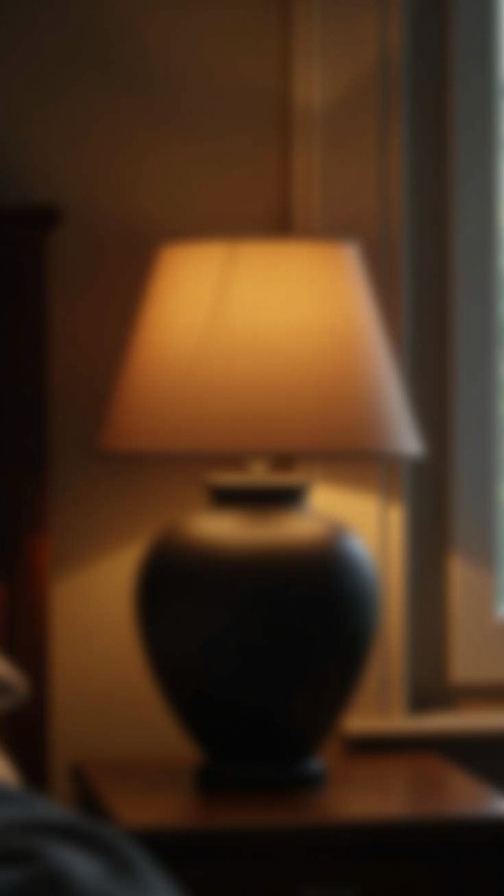 Black ceramic table lamp with a natural linen shade on a nightstand