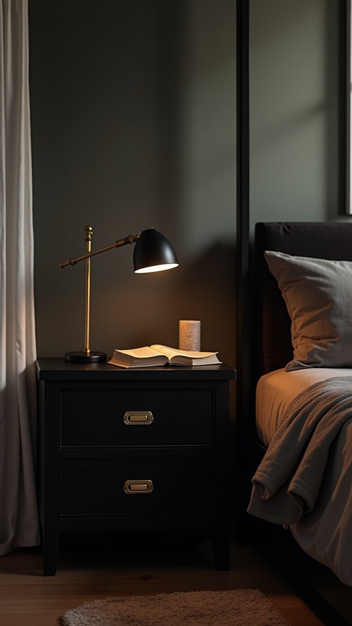 Black nightstand with antique brass drawer pulls styled with a lamp and book