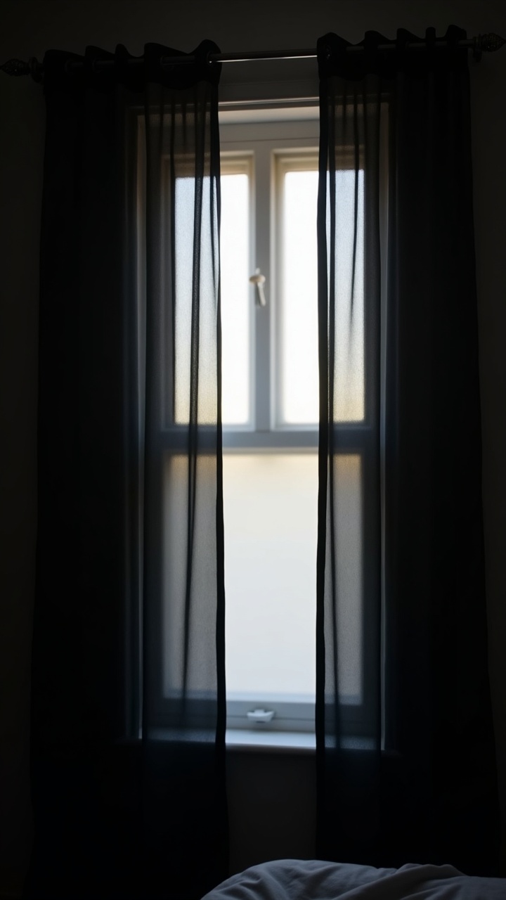 Black sheer curtains softly draped over a bedroom window with diffused daylight