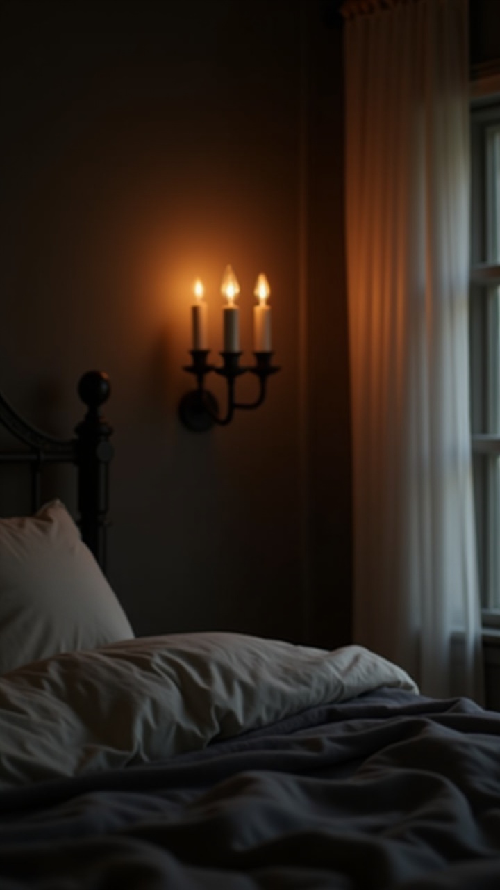 Two antique black metal wall sconces flanking a bed with warm bulbs