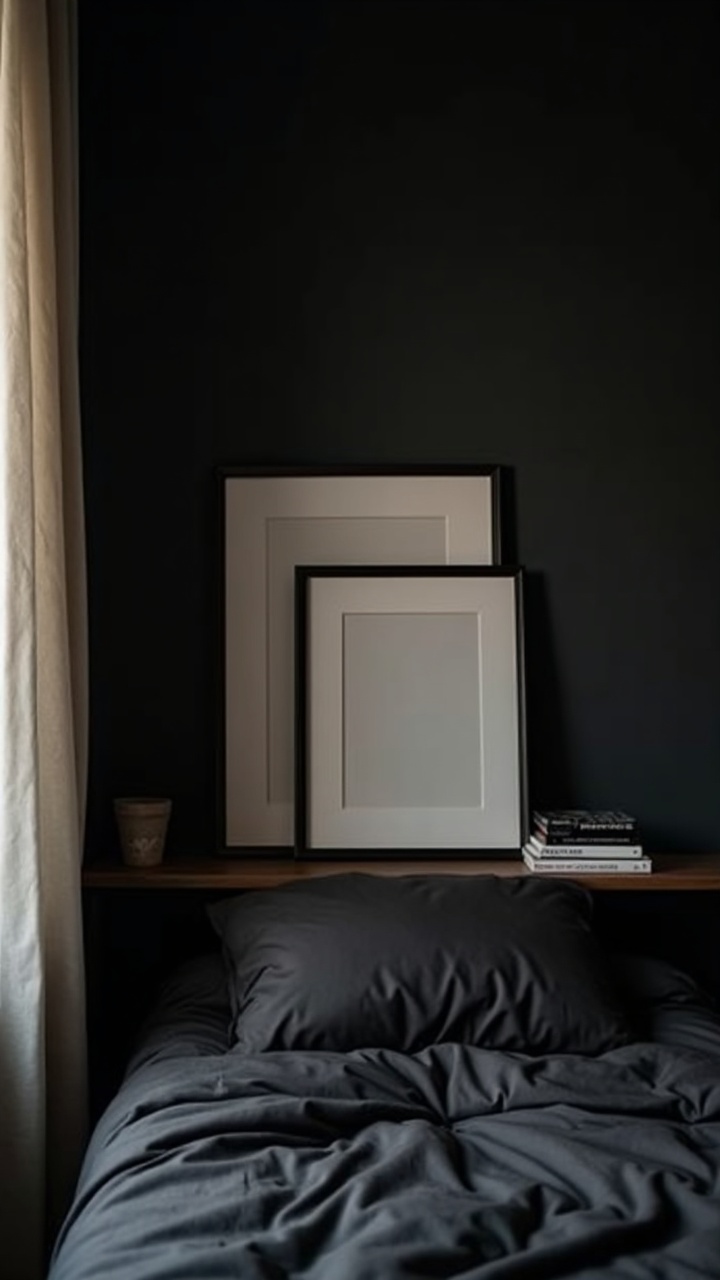 Black picture ledge shelf with layered leaning framed art