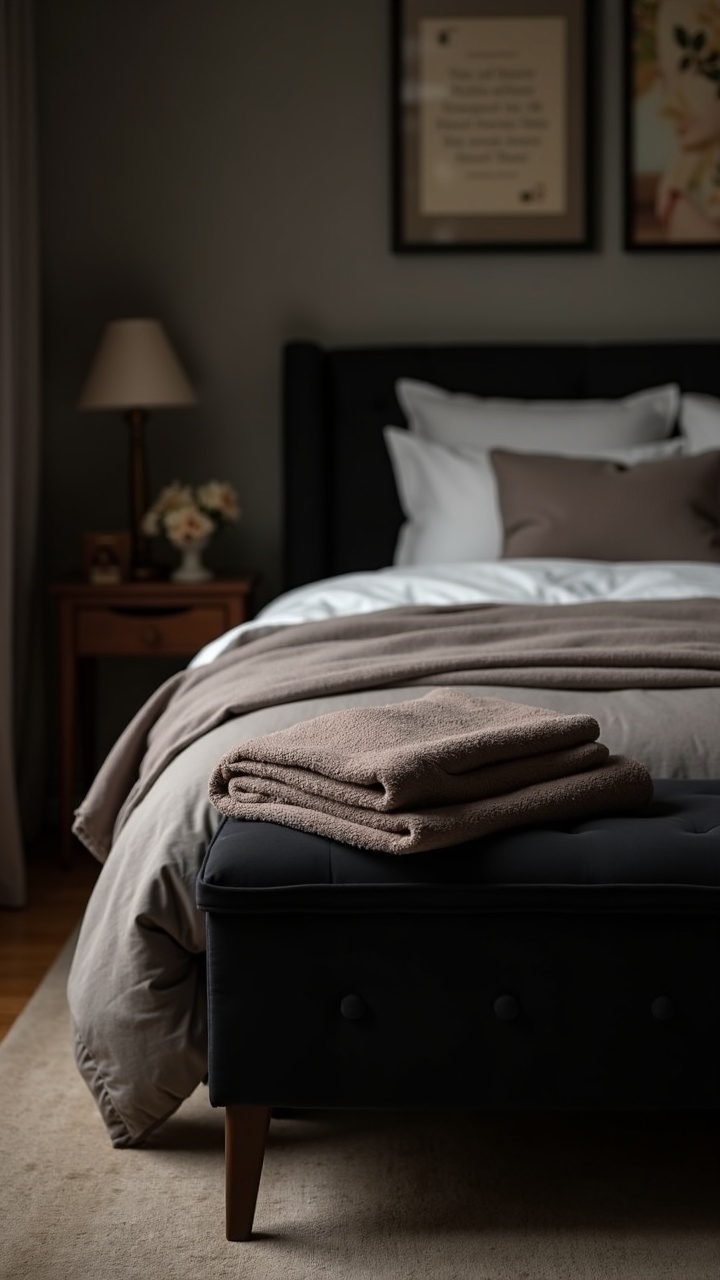 Black upholstered bench at the foot of a bed with a folded throw