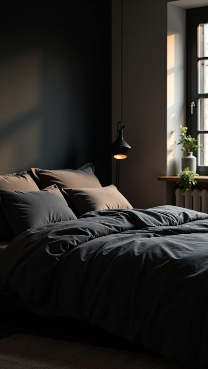Black and grey colorblock bedding on a neatly made bed