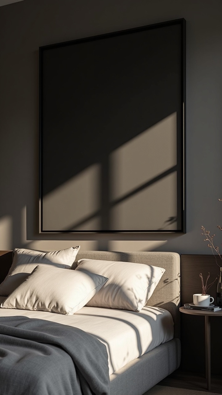 Oversized black framed abstract art hanging above an upholstered bed