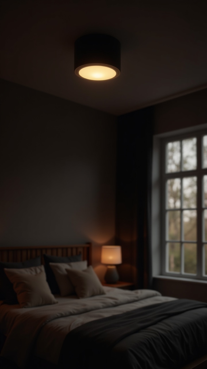 Matte black modern ceiling light fixture in a dark cozy bedroom