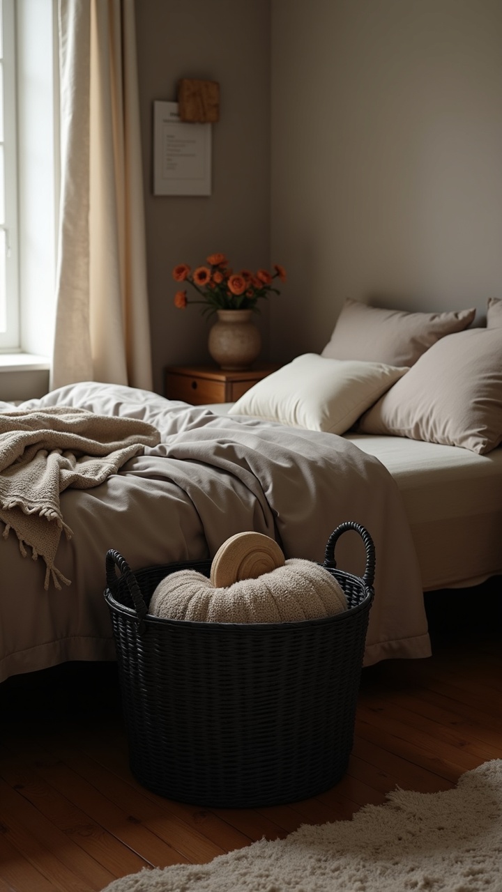 Black woven storage baskets on the floor beside a bed holding blankets