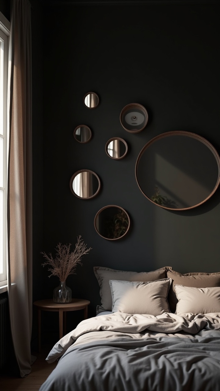 Cluster of round black framed mirrors arranged on a dark bedroom wall