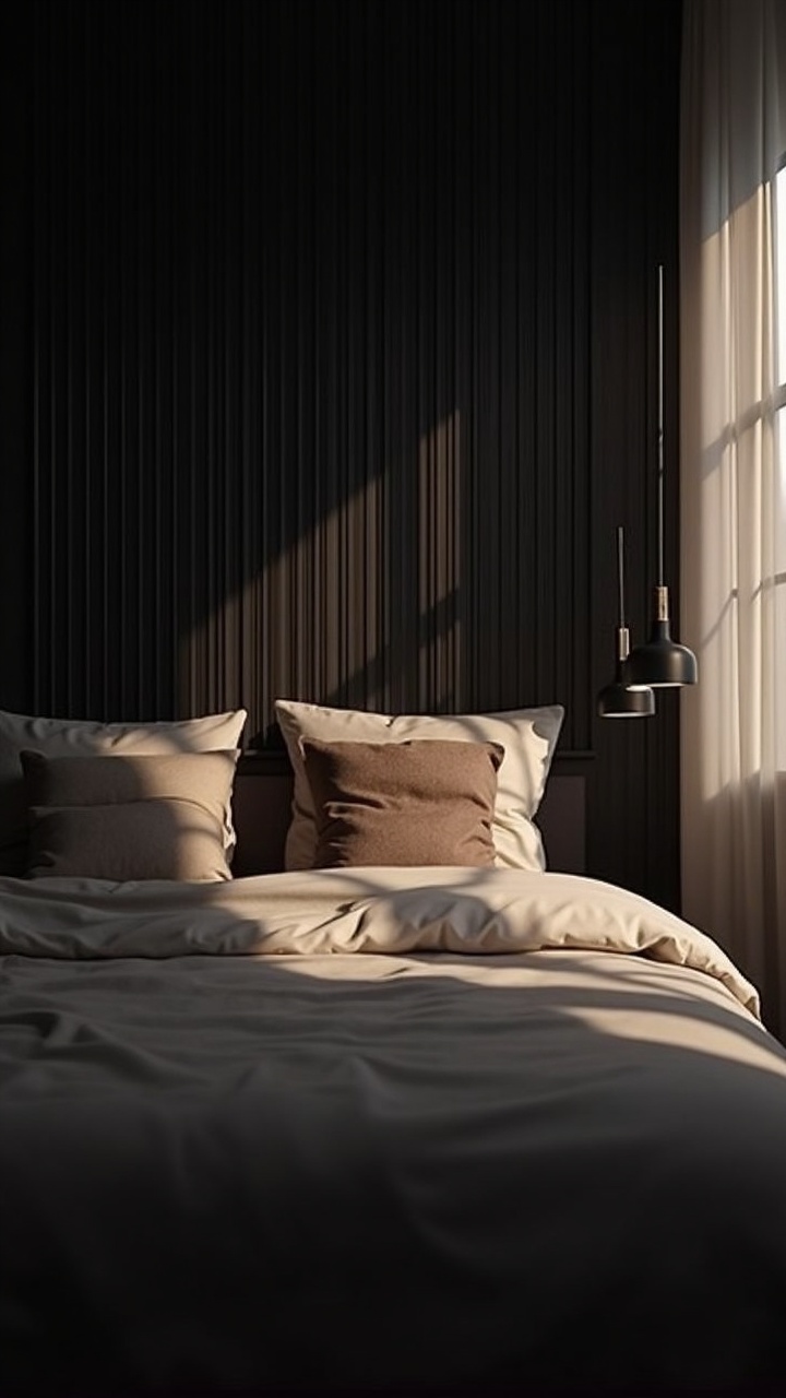 Black vertical wood slat wall paneling accent behind a bed headboard