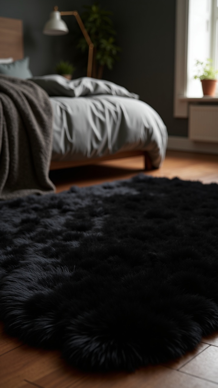 Deep black soft pile area rug under a bed on a wood floor