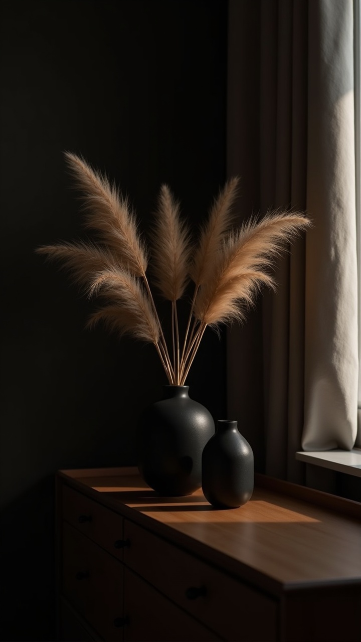 Black table vases holding dried pampas and stems on a dresser