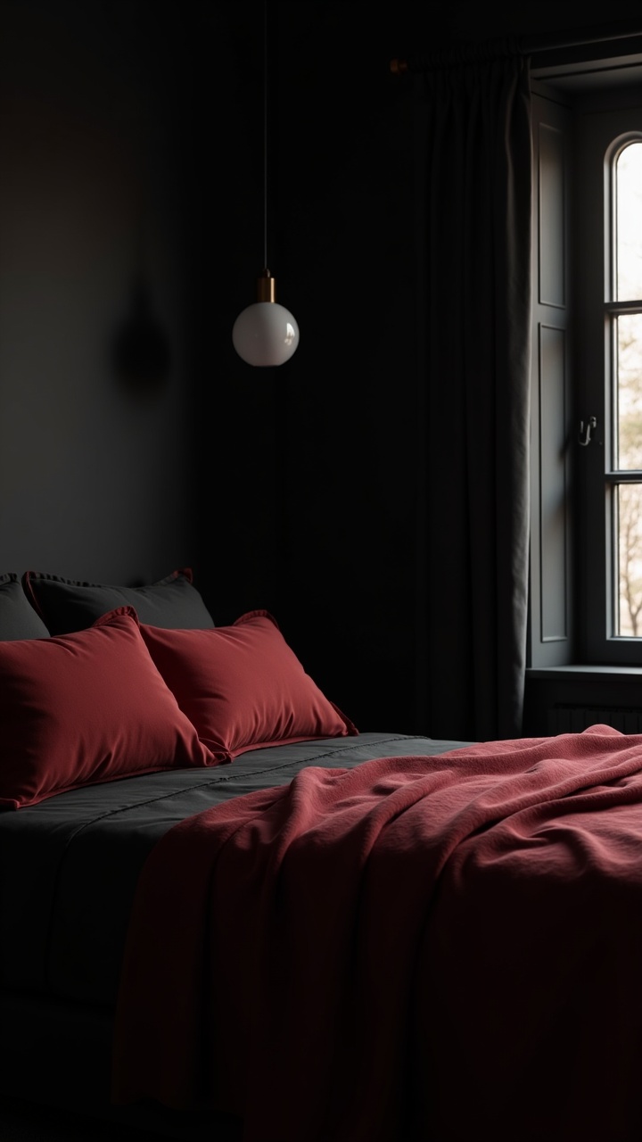Black bedroom with warm deep red accent pillows and throw