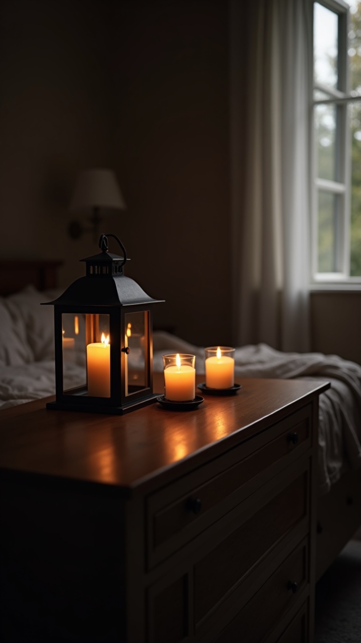 Black candle holders and a black lantern with glowing candles on a dresser