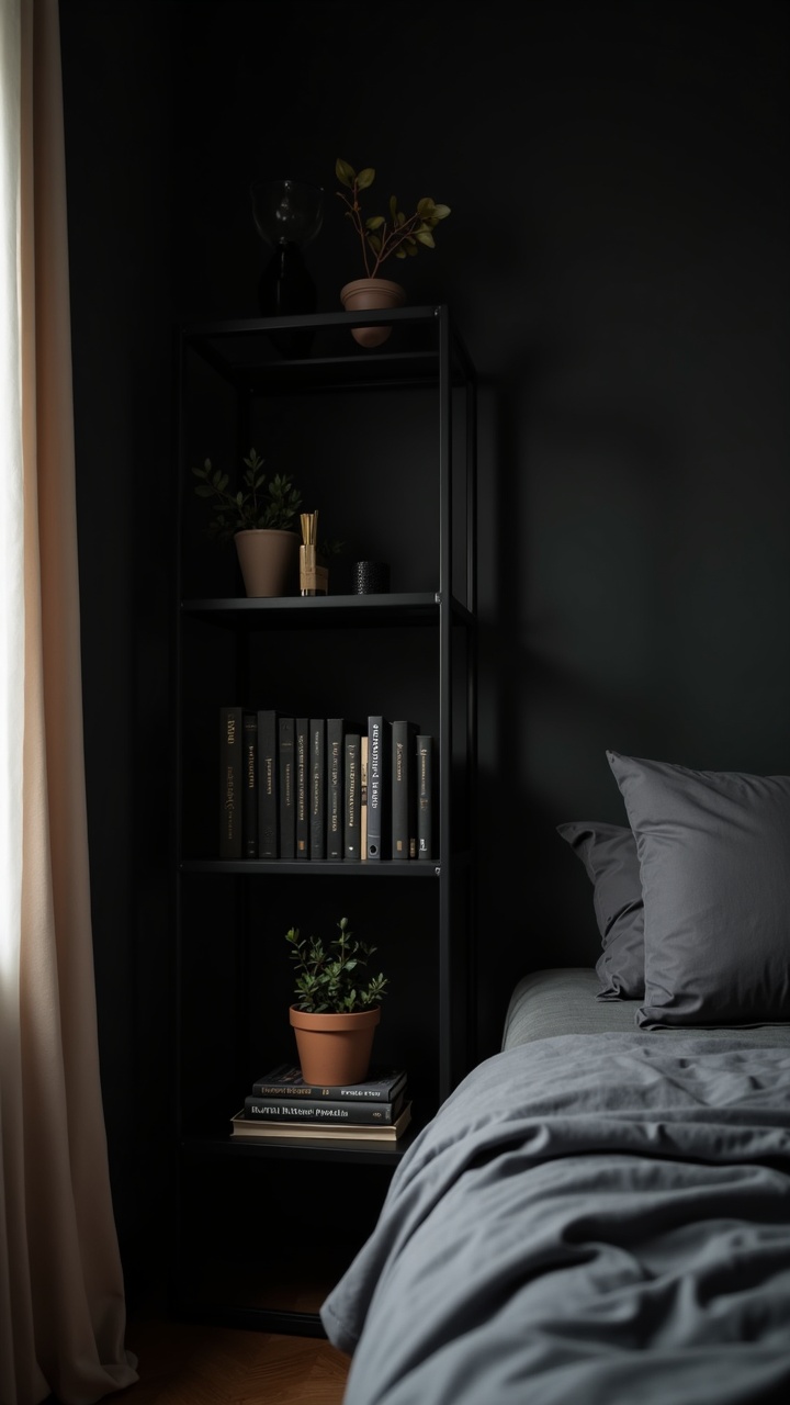 Black bookshelf styled with moody dark objects, books, and a small plant