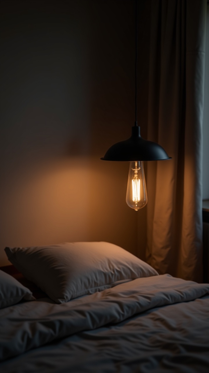 Two matte black pendant lights hanging low beside a bed as bedside glow