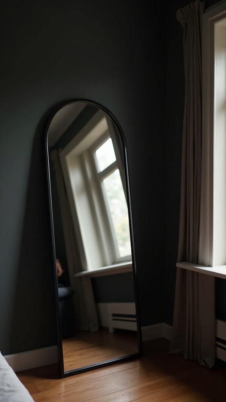 Tall black arch floor mirror leaning against a dark bedroom wall