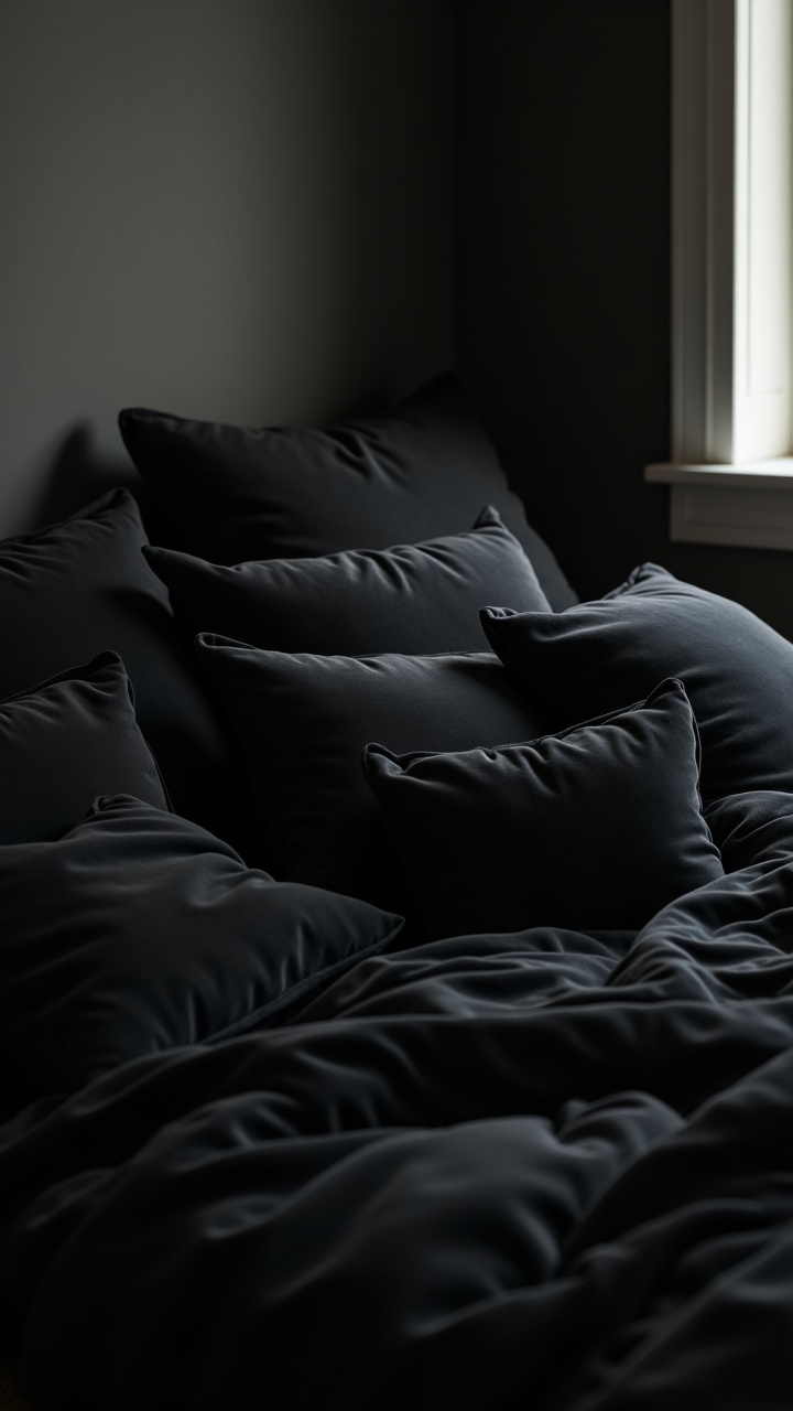Cluster of black velvet throw pillows in mixed sizes on a made bed