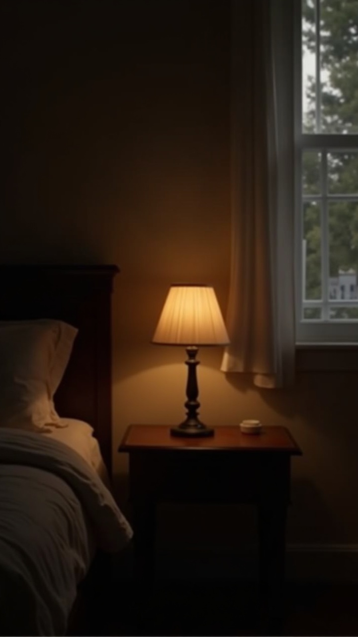 Blackened brass table lamp glowing warmly on a dark wood nightstand