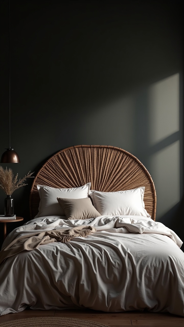 Black woven rattan headboard behind a low bed with linen bedding