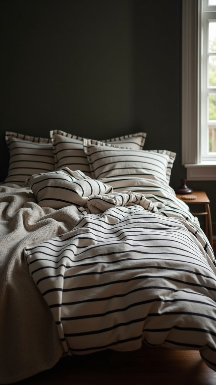 Black and cream striped duvet and pillows on a neatly made bed