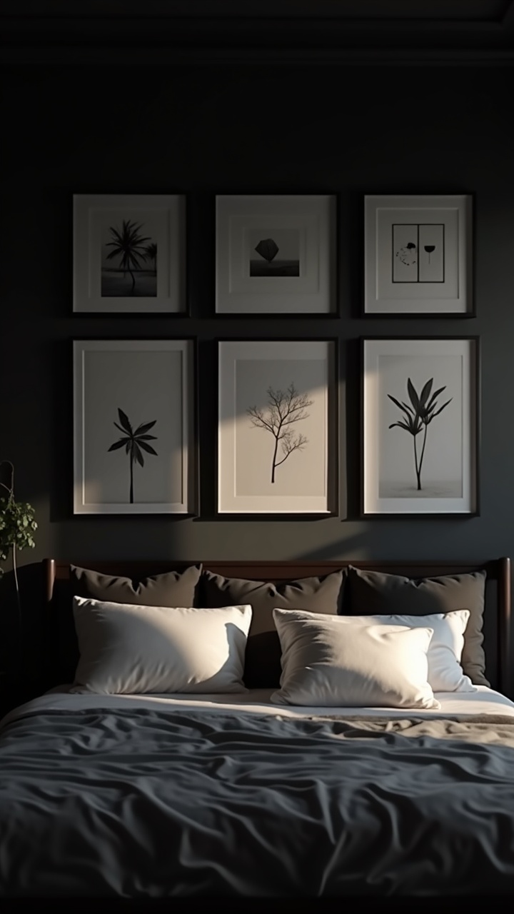 Gallery wall of black and white framed prints above a bed