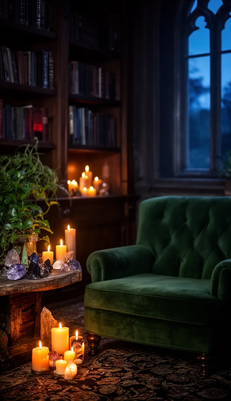A witchy living room styled as a candlelit midnight library