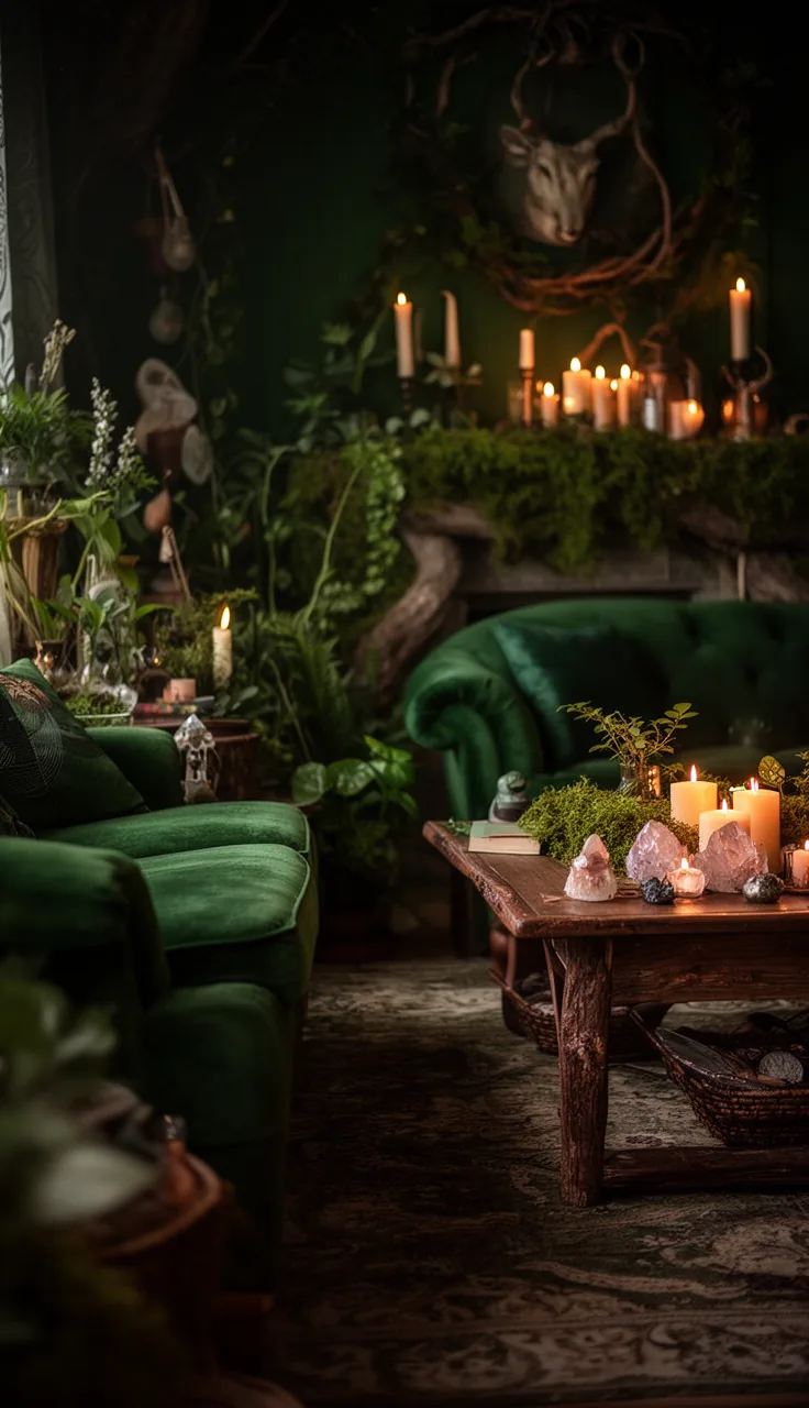 An enchanted forest retreat living room in deep green