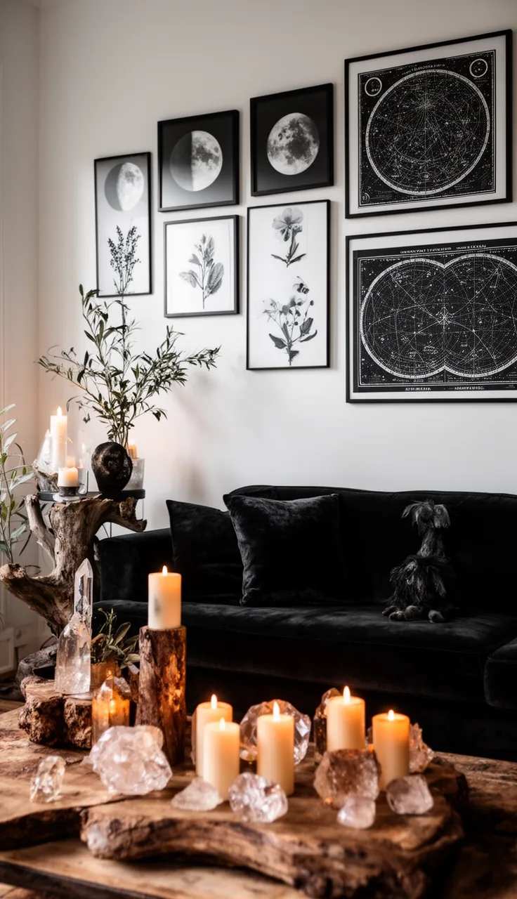 A moonlit monochrome gallery wall in a witchy living room
