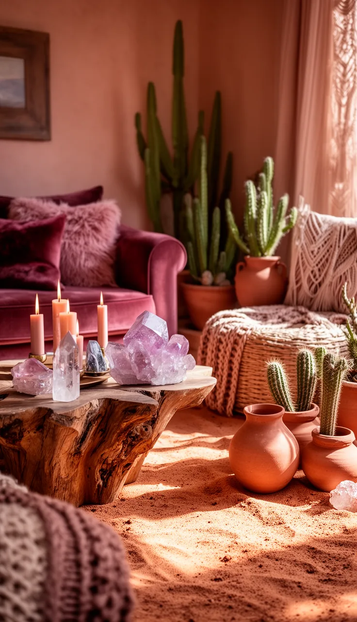 A desert mystic witchy living room in warm terracotta tones