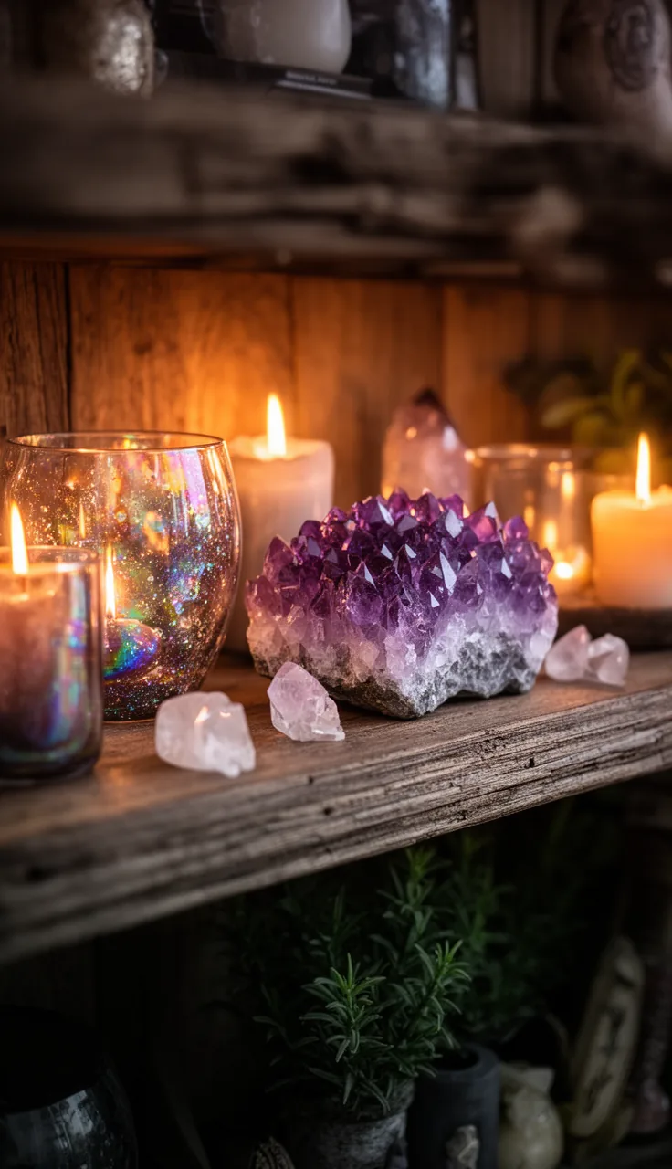 A crystal grid shelf glimmering in a witchy living room