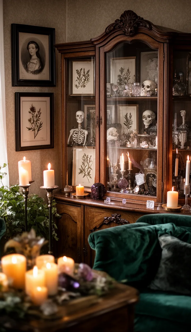 A tasteful memento mori parlor in a witchy living room