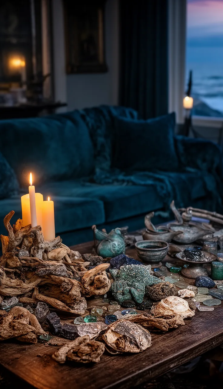 A sea witch coastal noir living room in deep teal