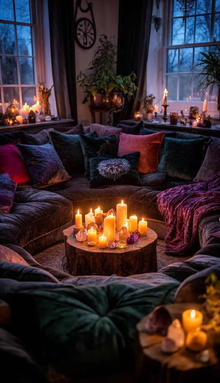 A coven-friendly conversation pit in a witchy living room