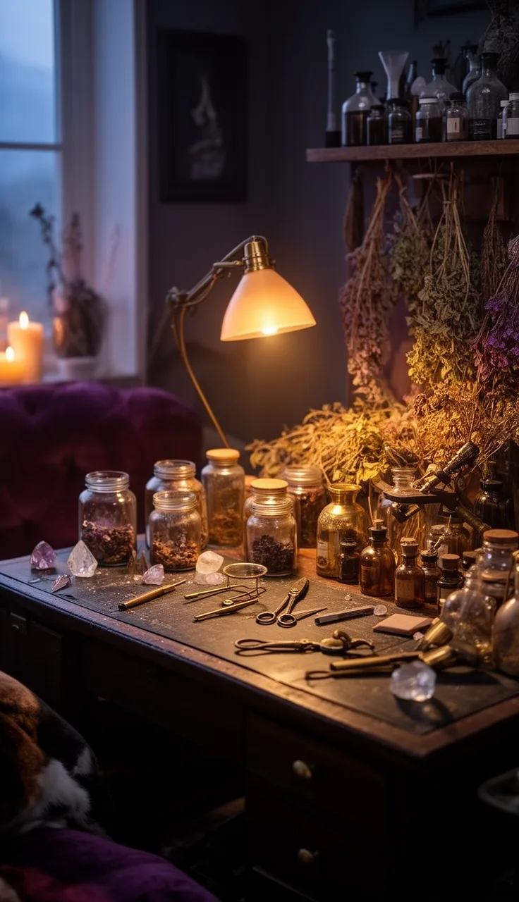 An alchemist's atelier worktable in a witchy living room