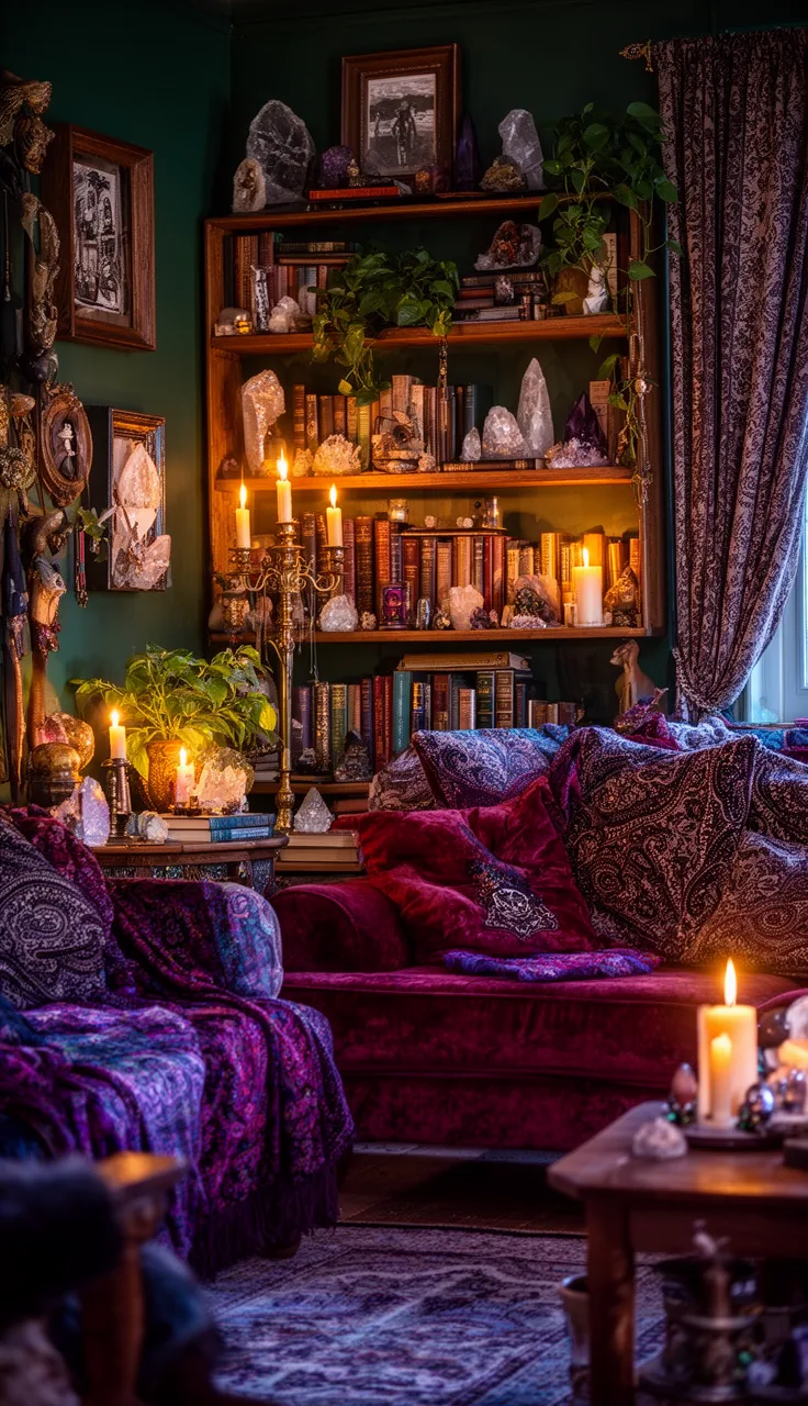 A maximalist witchy jewel box living room packed with treasures