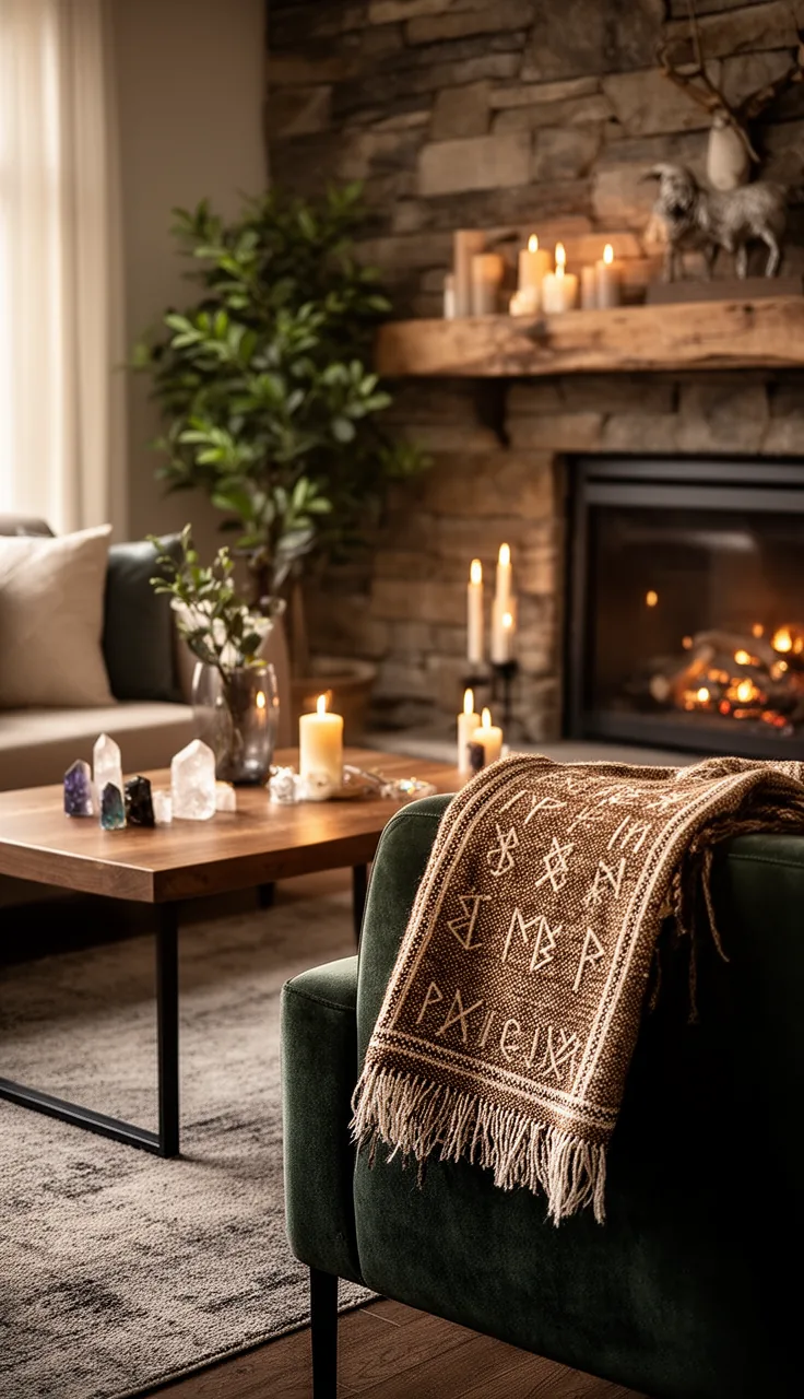 A hearthside rune rustic modern witchy living room