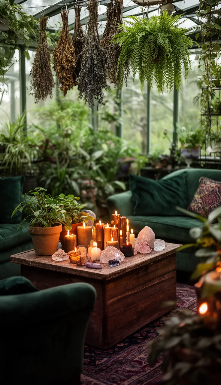 A botanical witch conservatory living room full of plants
