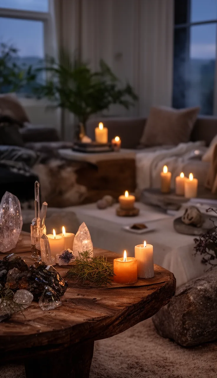 A candlelit zen occult retreat in a witchy living room