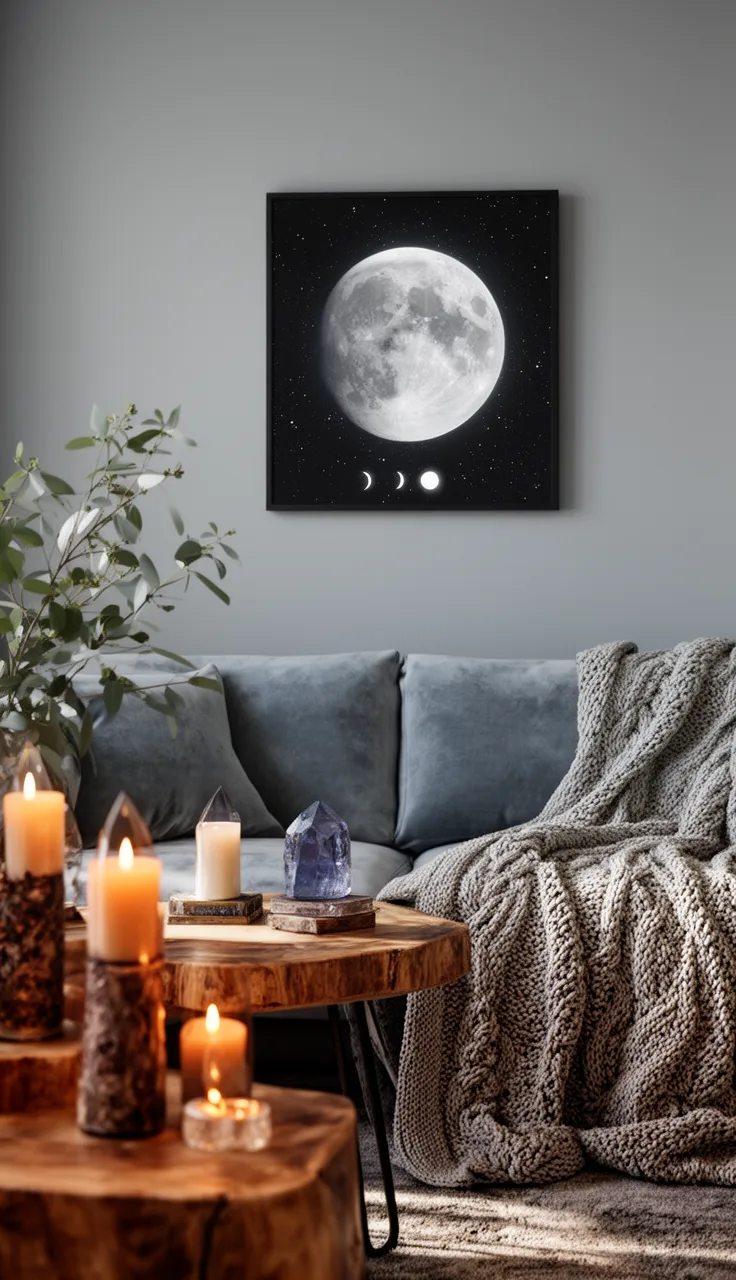 A minimalist witchy living room with silver moon accents