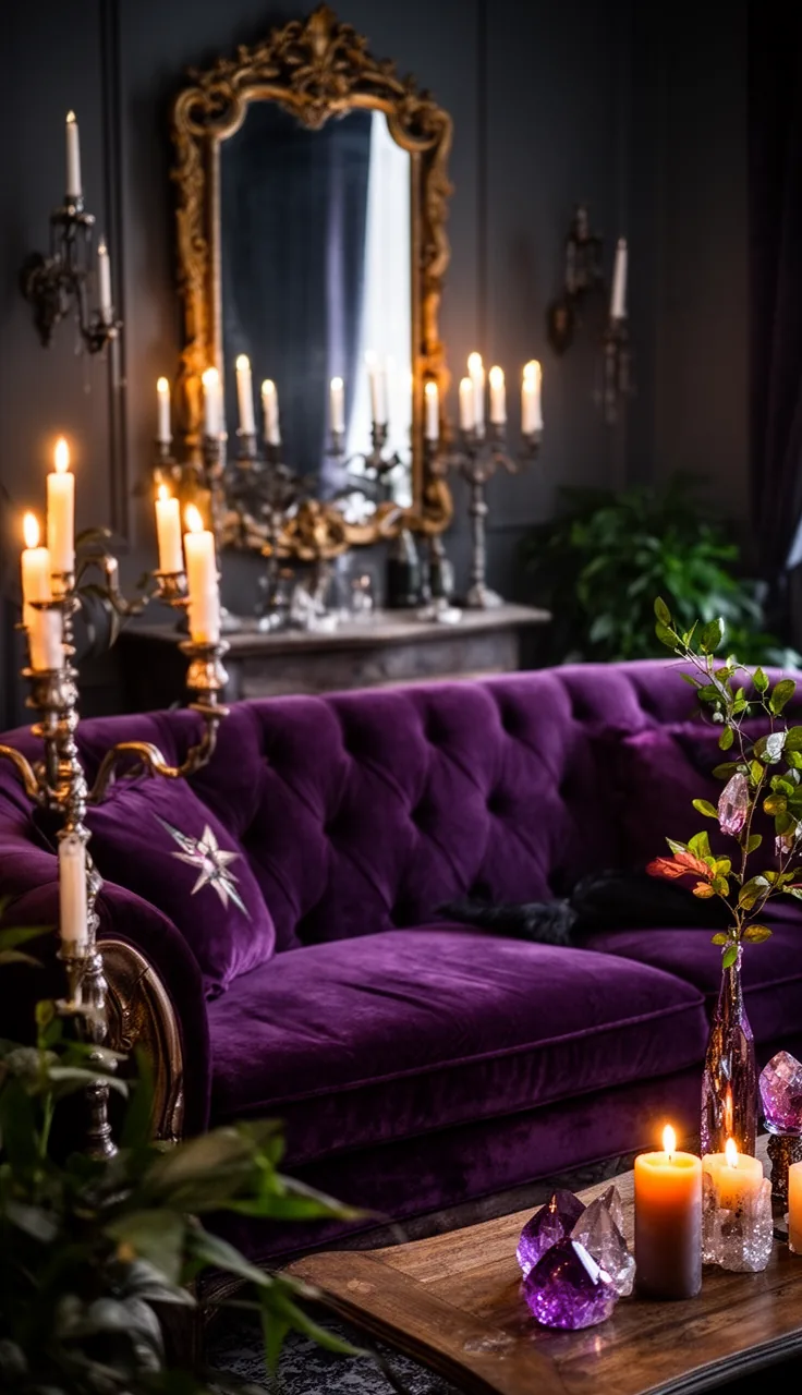 A gothic glam witchy living room with baroque details