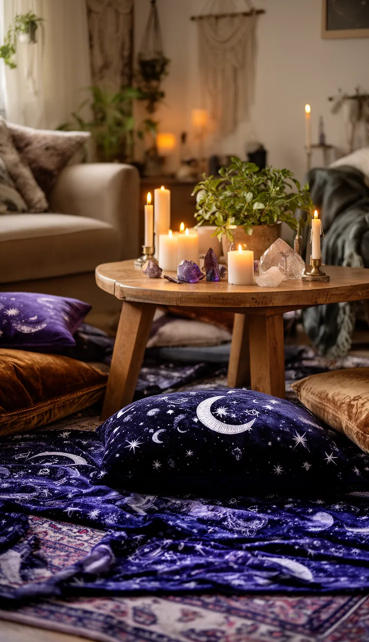 A boho moonchild floor nook in a witchy living room