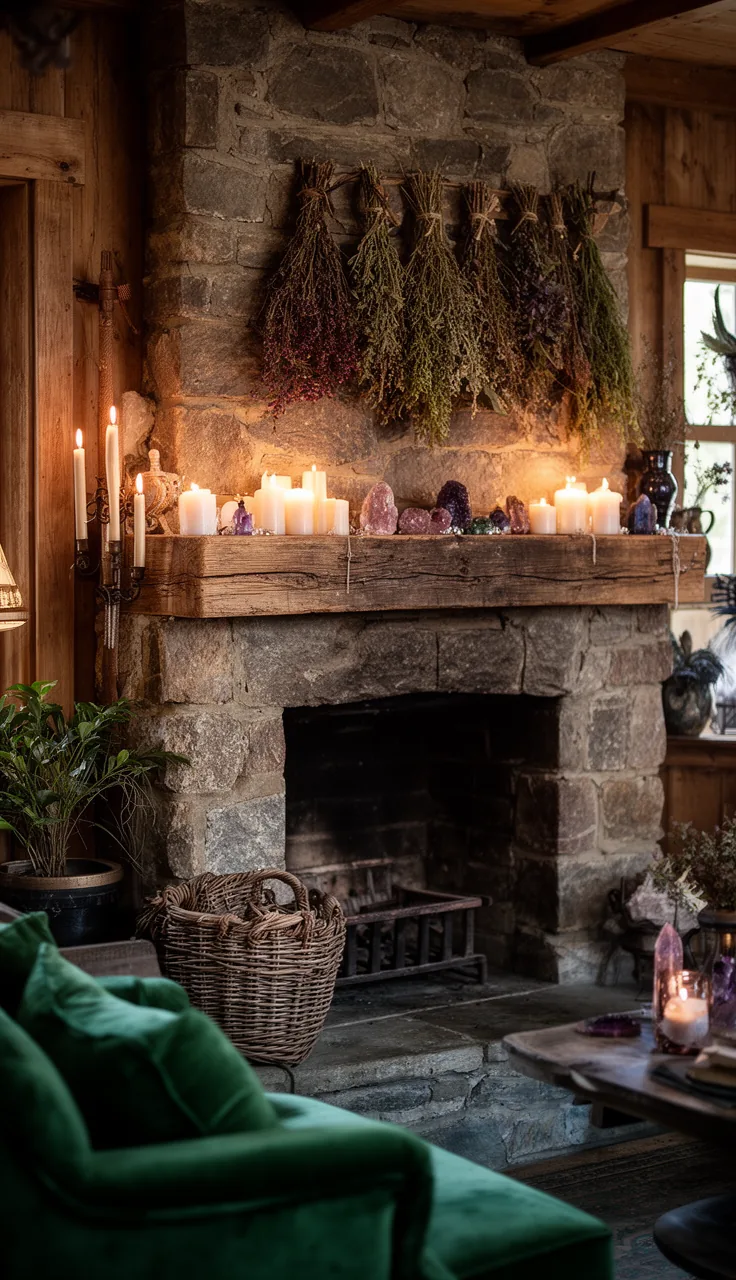 A cozy cottage witch hearth room with dried herbs