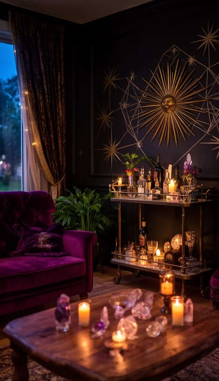 A celestial art deco cocktail den in a witchy living room