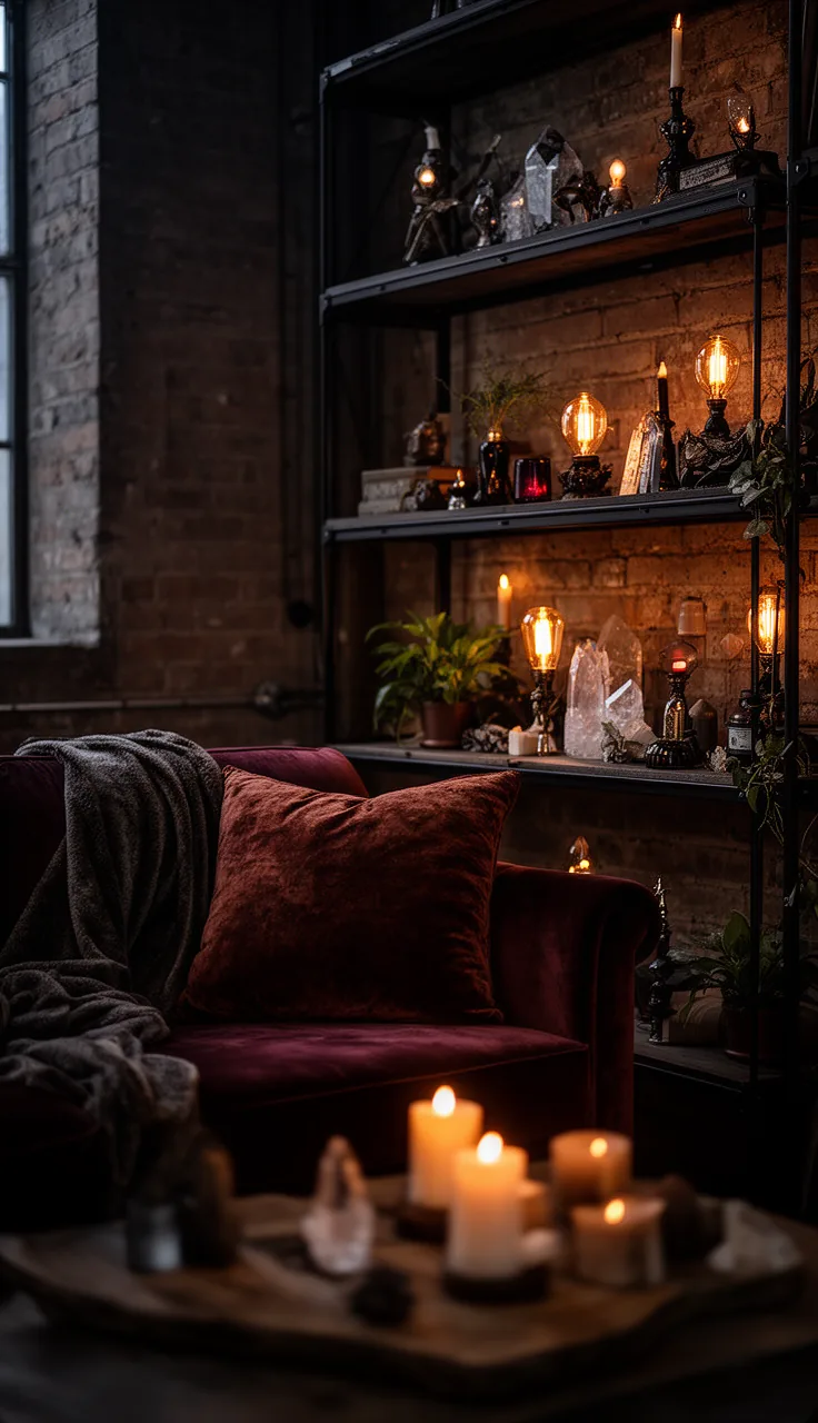 A shadowy industrial witchy living room sanctum