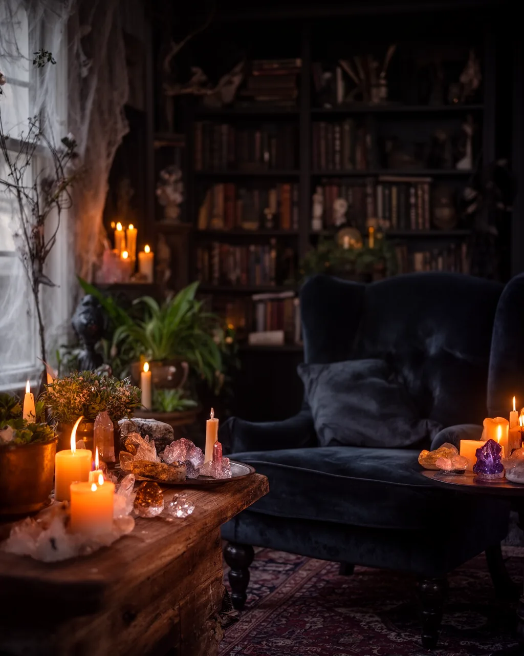 Candlelit midnight library